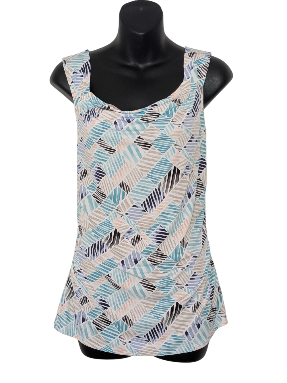 White House Black Market Cowl Neck Fitted Ruched Sides Geometric Print Top